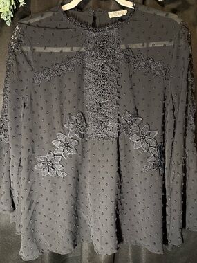 Umgee Black Sheer Embroidered Dot Blouse with bell sleeves